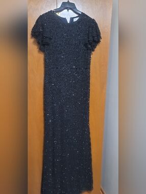 MacDuggal 10748  Cap Sleeve Long Firmal Black Beaded Evening Dress Size 10,12